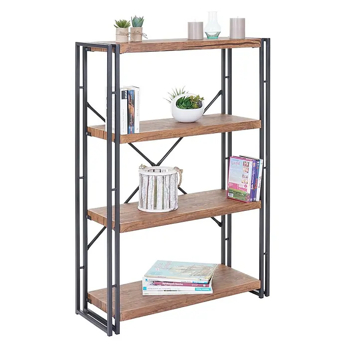Bücherregal 121x80x30cm Standregal 3D-Struktur 4 Ebenen Wildeiche-Optik -  - Vierstufiges Regal im Industrial-Stil mit dunklen Metallrahmen und rustikalen Holzablagen, dekoriert mit Büchern, Pflanzen und Kerzen.