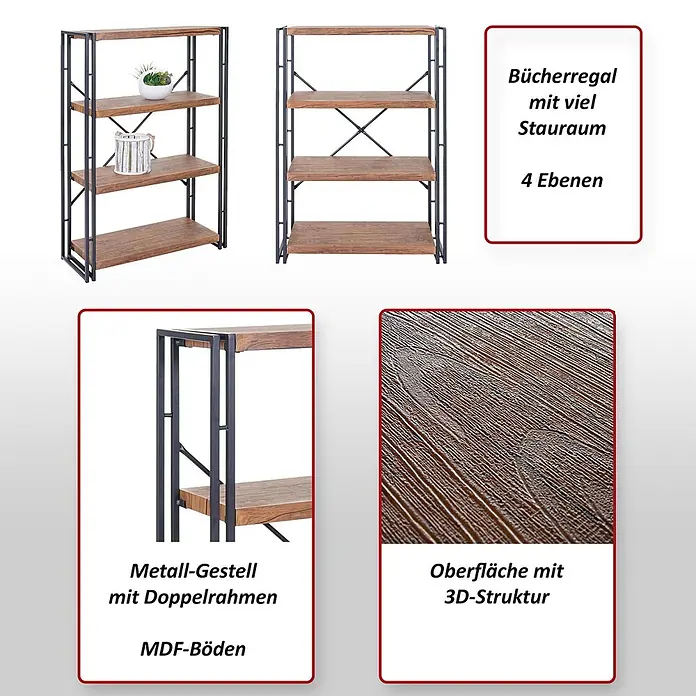 Bücherregal 121x80x30cm Standregal 3D-Struktur 4 Ebenen Wildeiche-Optik -  - Vierstufiges Bücherregal mit dunklem Metall-Doppelrahmen und braunen Holz-MDF-Regalböden.