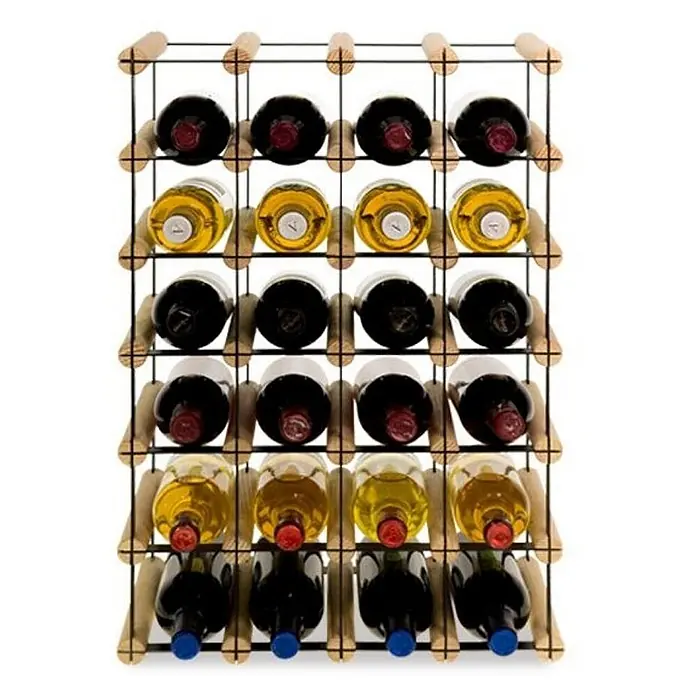 Modulares Weinregal VINOTECA MOD METAL 62,5x42,5x24,5cm 4x6 Flaschen Natur -  - Ein Weinregal aus hellem Holz und schwarzem Metall, das mehrere Flaschen Rot- und Weißwein aufbewahrt.
