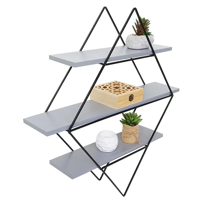 Wandregal rautenförmig 60x55x12cm Industriedesign Echtholz Grau-Blau -  - Dreistufiges Wandregal mit schwarzem, geometrischem Metallrahmen und grauen Holzablagen.