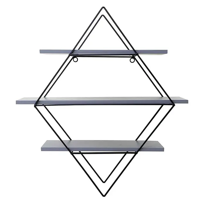 Wandregal rautenförmig 60x55x12cm Industriedesign Echtholz Grau-Blau -  - Geometrisches schwarzes Metall-Wandregal mit drei hellgrauen Holzablagen.
