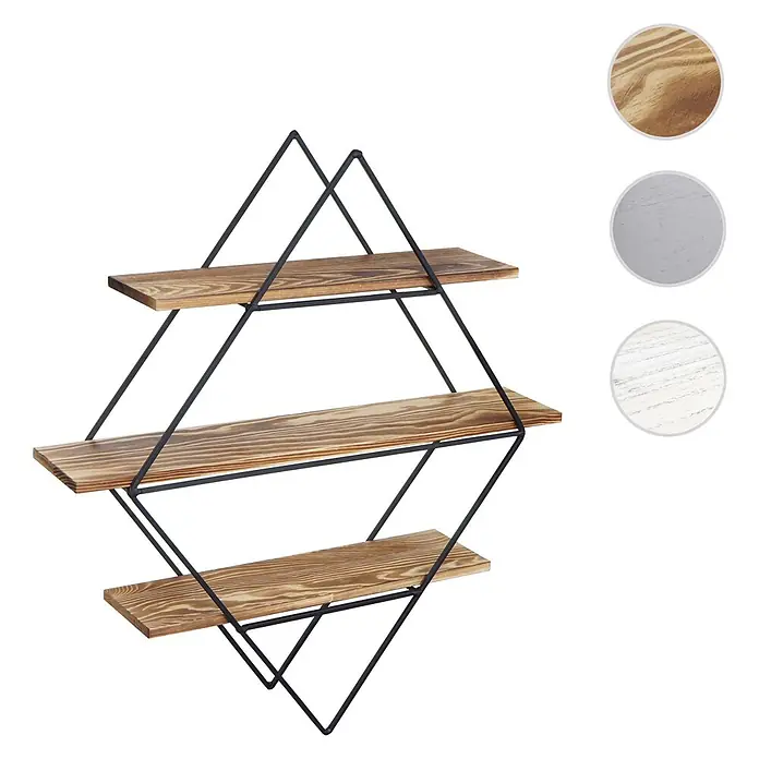 Wandregal rautenförmig 60x55x12cm Industriedesign Echtholz Grau-Blau -  - Geometrisches Wandregal mit schwarzem Metallrahmen und drei Holzablagen, erhältlich in Natur-, Grau- oder Weißholz.