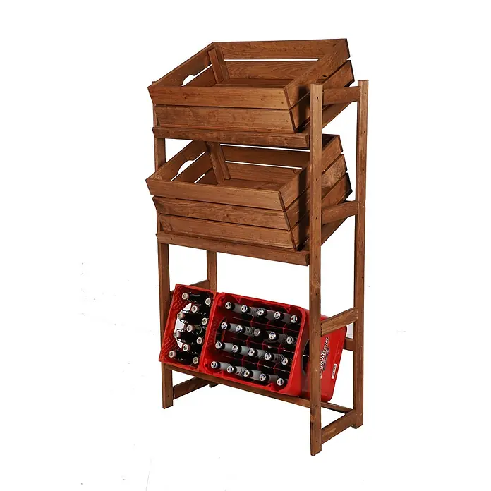 Getränkekistenregal SPREEWALD 124x70x33cm 3 Ebenen Braun geölt -  - Dunkelbraunes Holzregal mit zwei oberen schrägen Kisten und zwei unteren Ablagen für rote Flaschenkästen.