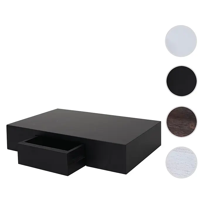 Wandregal Ilse 8x40x25cm Regal Hängeregal mit Schublade 40cm Schwarz -  - Schwarzer rechteckiger Couchtisch mit teilweise geöffneter Schublade.