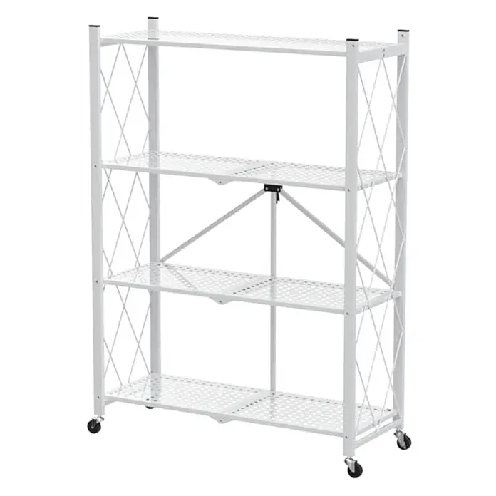 KLAP klappbares Regal auf Rollen 4 Fachböden 200kg HxBxT 127x72x34cm Weiß -  - Weißes Metall-Klappregal mit vier gelochten Ablagen und Rollen.