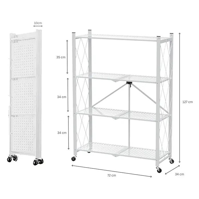 KLAP klappbares Regal auf Rollen 4 Fachböden 200kg HxBxT 127x72x34cm Weiß -  - Weißes faltbares Metallregal mit vier Ablagen und Rollen, kompakt und aufgebaut dargestellt.