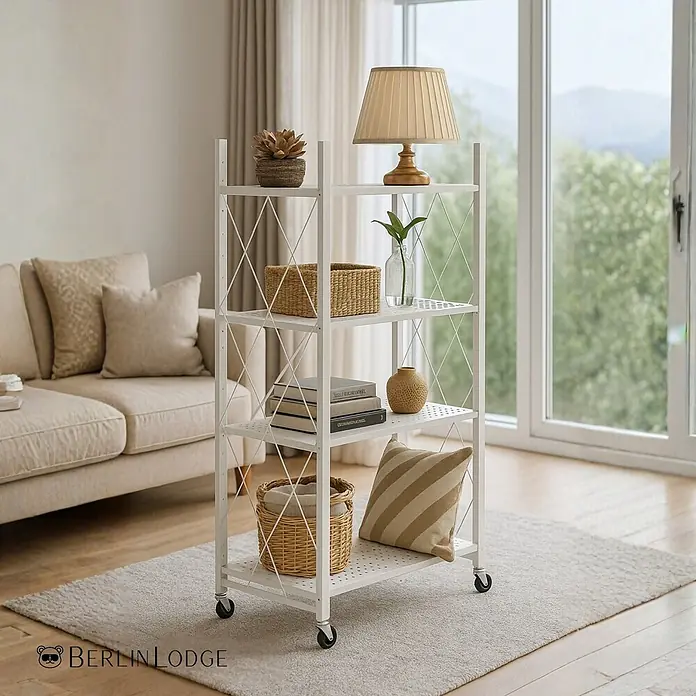 KLAP klappbares Regal auf Rollen 4 Fachböden 200kg HxBxT 127x72x34cm Weiß -  - Weißes 4-stöckiges Metallregal auf Rollen mit Gitterseiten, zur Präsentation von Deko, Büchern und Körben neben einem Sofa.