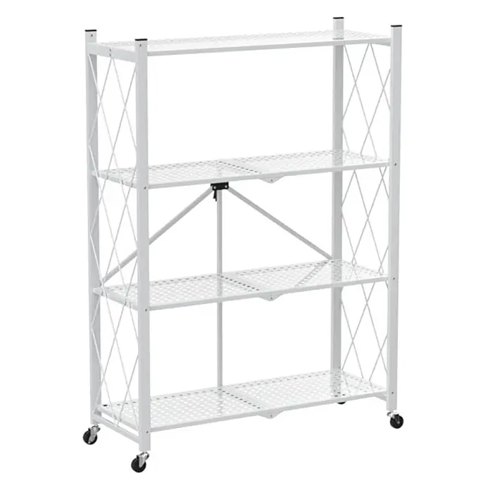KLAP klappbares Regal auf Rollen 4 Fachböden 200kg HxBxT 127x72x34cm Weiß -  - Weißes 4-stöckiges faltbares Metallregal mit Lochblechböden und Rollen.