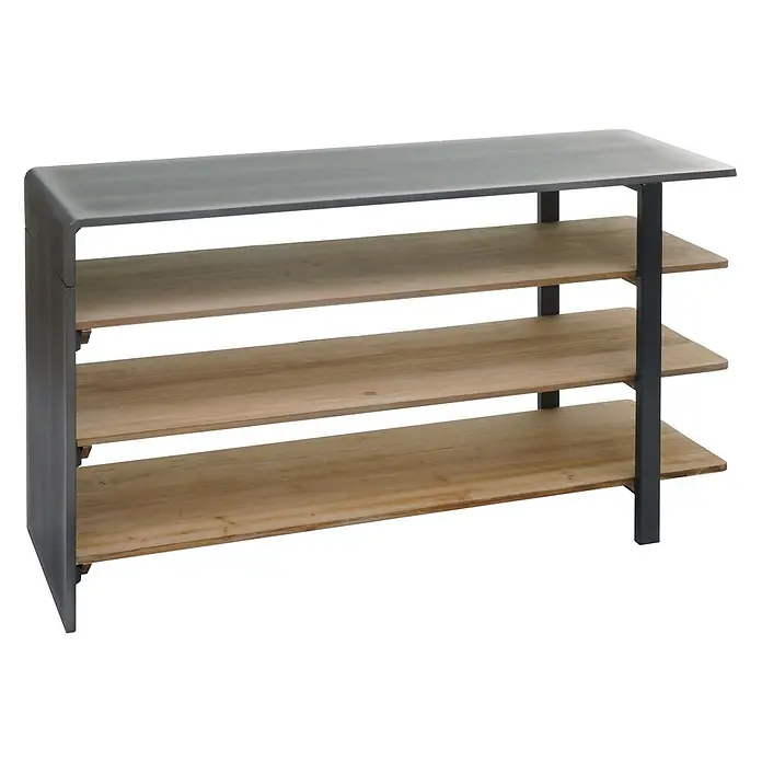 Regal 72x119x40cm Massiv-Holz Industrial MVG Natur Metall-Optik Wohnregal -  - Vierstufiges Regal mit dunkelgrauem Rahmen und Oberseite sowie drei hellen Holzregalböden.