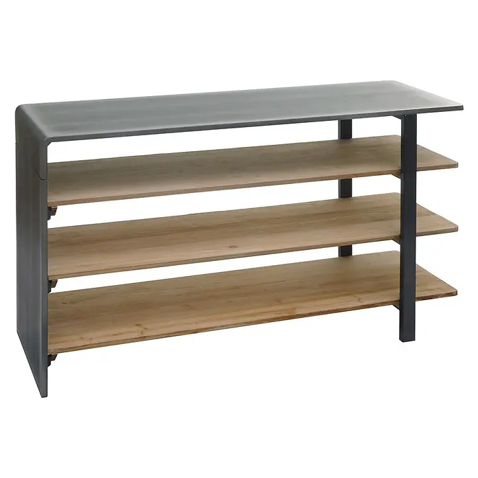 Regal 72x119x40cm Massiv-Holz Industrial MVG Natur Metall-Optik Wohnregal -  - Vierstufiges Schuhregal mit dunkelgrauem Metallrahmen und hellbraunen Holzablagen.