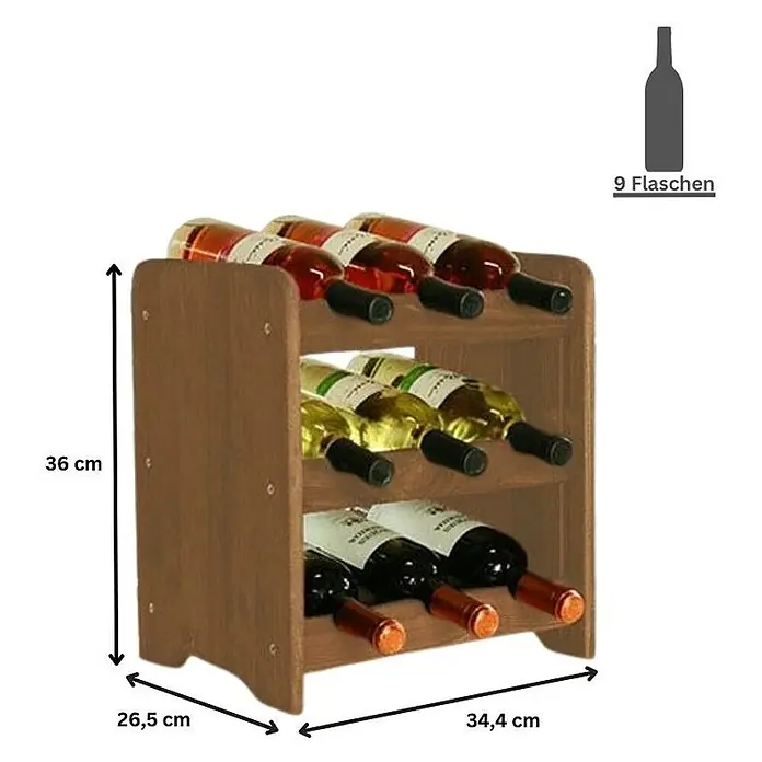 Weinregal PINOTWINE C 36x34,4x26,5cm 9 Flaschen Braun geölt -  - Dunkelbraunes Holz-Weinregal für 9 Flaschen, 36 cm hoch, 26,5 cm tief und 34,4 cm breit.