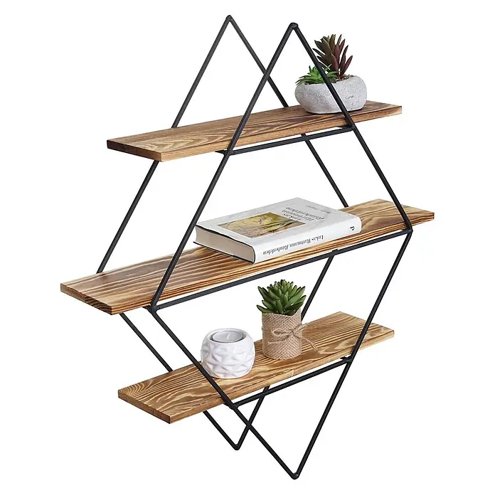 Wandregal rautenförmig 60x55x12cm Industriedesign Echtholz Braun Regal -  - Dreistufiges Wandregal mit Naturholzbrettern und schwarzem geometrischem Metallrahmen.