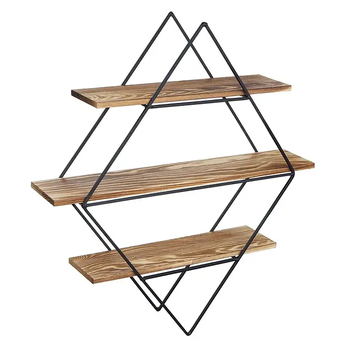 Wandregal rautenförmig 60x55x12cm Industriedesign Echtholz Braun Regal -  - Geometrisches Wandregal mit drei hellbraunen Holzablagen und einem schwarzen Metallrahmen.