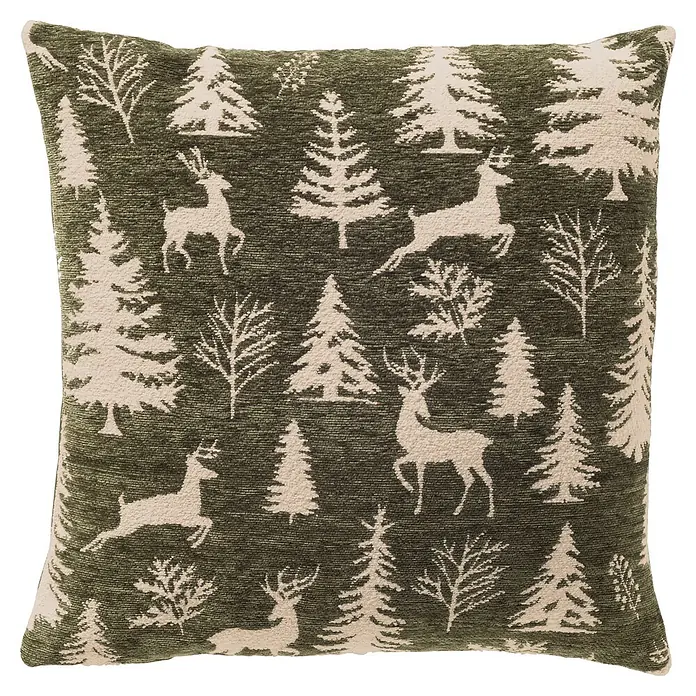 Kissen Gloria - 45 x 45 cm, Grün, Quadratisch - Grünes strukturiertes Kissen mit weißen Tannenbäumen und Hirschmuster.