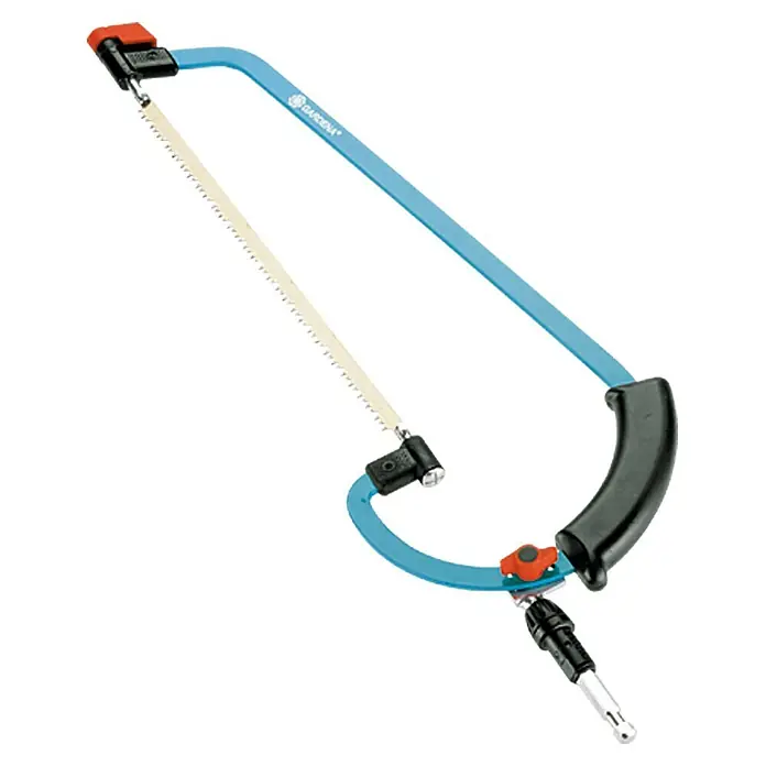 Gardena Combisystem Bügelsäge - Sägeblattlänge: 35 cm - Abbildung einer Gardena Astsäge. Die Astsäge ist blau mit einem schwarzen Griff und einem roten Verriegelungsmechanismus.