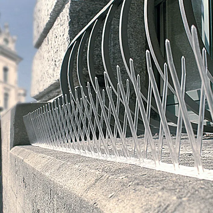 Swissinno Natural Control Taubenabwehr-Spikes - Länge: 100 cm, 3 Streifen - Nahaufnahme von Vogelabwehrspitzen auf einer Betonbrüstung, die Vögel effektiv fernhalten.