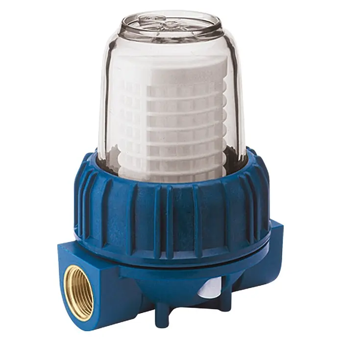 Neptun Gartenpumpen-Vorfilter - Anschlüsse: R1 IG, 1″ - Dieser Wasserfilter sorgt für sauberes Wasser im Haus. Der robuste Filter hat ein klares Gehäuse und einen blauen Anschluss.
