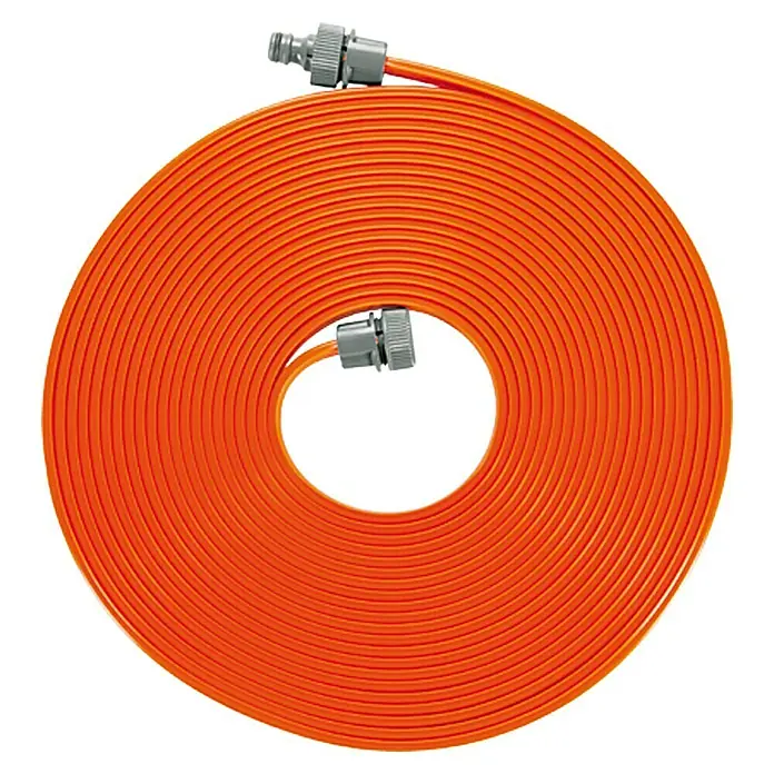 Gardena Schlauchregner - Länge: 15 m, Mit Wasserstopp - Aufgerollter orangefarbener Gartenschlauch mit zwei grauen Anschlüssen. Ideal für die Bewässerung des Gartens.