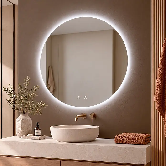 Espejo con luz Melina - Diámetro: 80 cm, Blanco neutro, Función antivaho - Espejo de baño redondo iluminado con controles táctiles, sobre un lavabo claro y grifo de latón.
