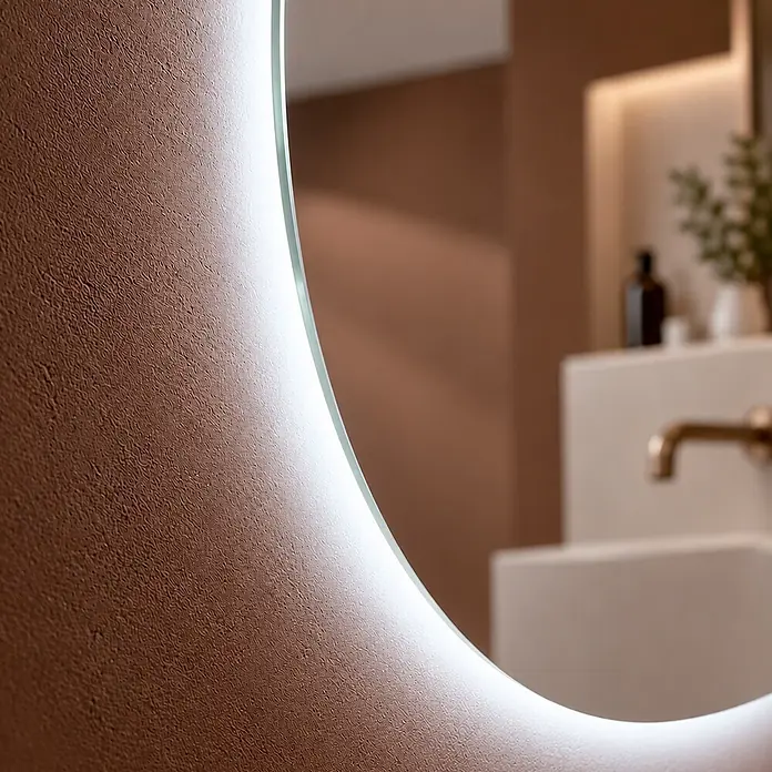 Espejo con luz Melina - Diámetro: 80 cm, Blanco neutro, Función antivaho - Espejo redondo retroiluminado en un baño moderno, reflejando un lavabo y un grifo de bronce.