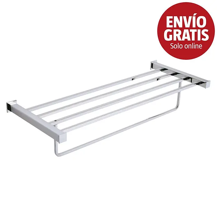 Bath Stage Estante para baño cuadrado B-3000 - L x An x Al: 22 x 535 x 11 cm, Acero inoxidable - Toallero cromado con una balda superior de varias barras y una barra inferior para colgar.