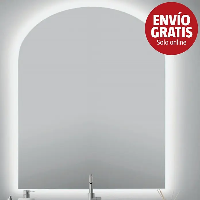Bath Stage Espejo con luz y sensor triled B-963 - 50 x 90 cm, Sensor, Curvado - Espejo arqueado con retroiluminación LED, colocado sobre un lavabo con grifo.