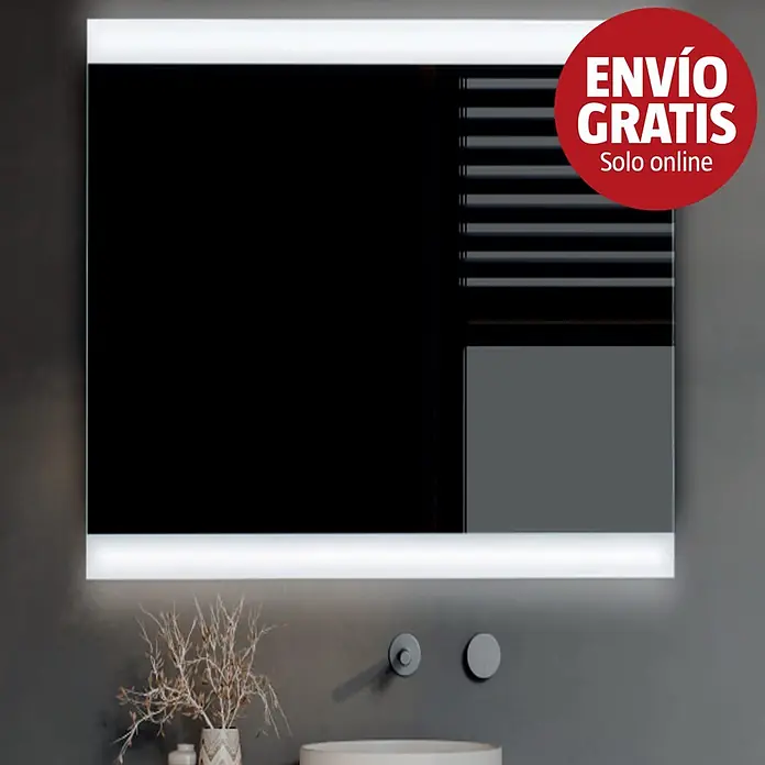 Bath Stage Espejo con luz B-932 - 80 x 70 cm, Blanco frío - Espejo rectangular iluminado con elementos de diseño integrados y tira de luz inferior.