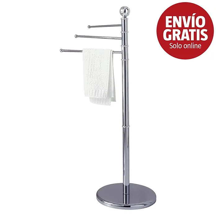 Bath Stage Toallero de barra B-452 - L x An x Al: 36 x 36 x 95 cm, Metal, Cromo - Toallero de pie cromado con tres brazos giratorios, sujetando una toalla blanca.