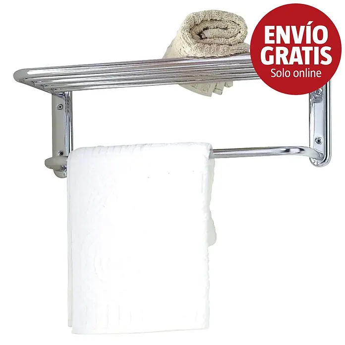 Bath Stage Estante para baño B-451 - L x An x Al: 21 x 475 x 165 cm, Cromo - Toallero cromado con estante superior y barra inferior, con dos toallas.