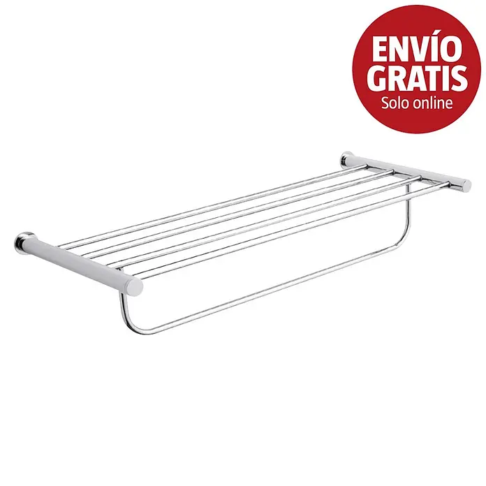 Bath Stage Estante para baño redondo B-4000 - L x An x Al: 225 x 585 x 12 cm, Latón, Cromo - Toallero cromado pulido con estante superior de varias barras y una barra inferior para colgar.