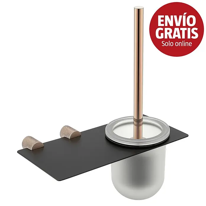 Bath Stage B-Luxor Escobillero - Altura: 36 cm, Negro / Oro rosa, Latón - Portaescobillas de inodoro negro de pared con vaso plateado mate, mango y dos ganchos color oro rosa.