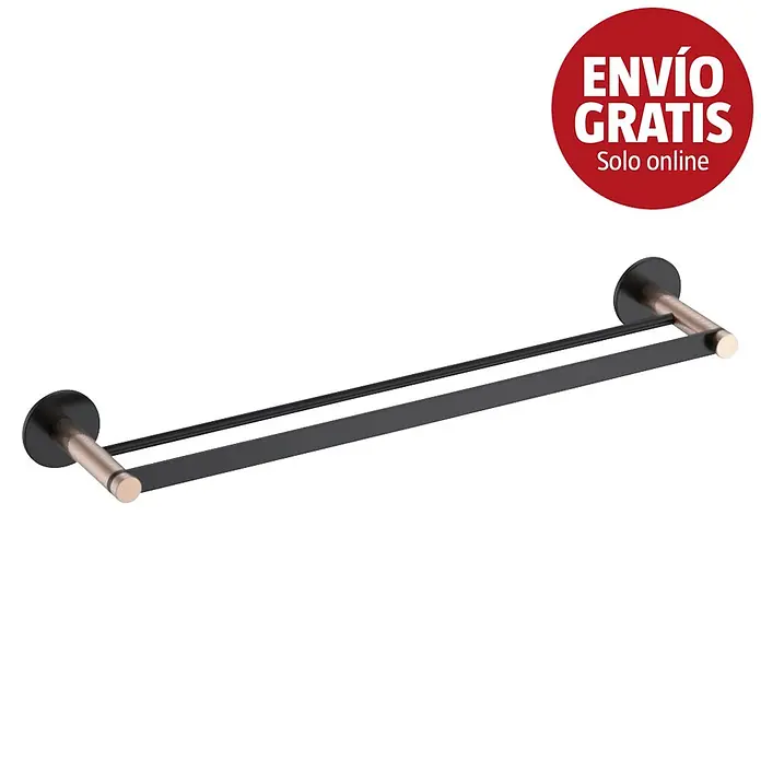 Bath Stage B-Luxor Toallero de barra - Dos barras, Negro / Oro rosa - Toallero doble negro con detalles en oro rosa/cobre en los extremos.