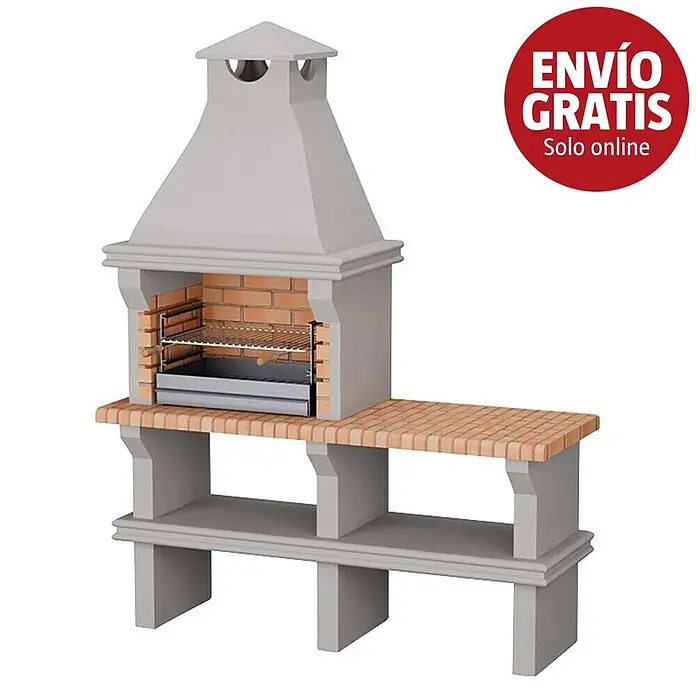 Sotnas Barbacoa de obra Ibiza - Gris/Ladrillo, An x Pr x Al: 168 x 60 x 219 cm, Superficie parrilla: 60 x 38 cm, Sin fregadero - Barbacoa de hormigón gris y ladrillo con chimenea, encimera lateral y estante inferior.