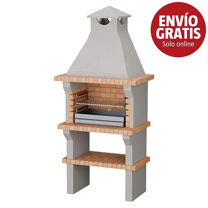 Sotnas Barbacoa de obra Benguela - Gris/Ladrillo, An x Pr x Al: 90 x 60 x 217 cm, Superficie parrilla: 60 x 38 cm, Sin fregadero - Barbacoa de exterior de hormigón gris y ladrillos rojizos, con parrilla metálica, cajón de cenizas y chimenea.