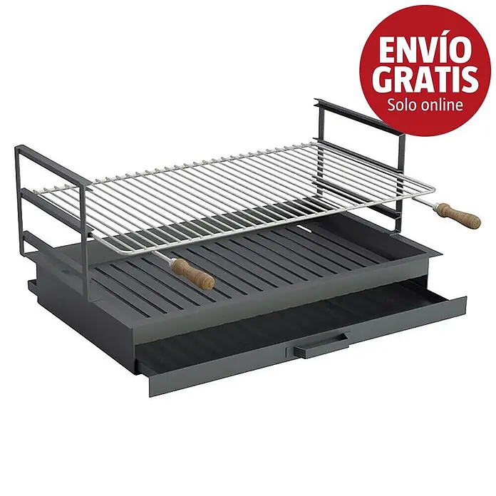 Sotnas Cajón para barbacoa - An x Pr x Al: 78 x 48 x 20 cm, Acero, Encastrada - Parrilla de metal gris oscuro con rejilla ajustable, cajón para carbón y asas de madera.