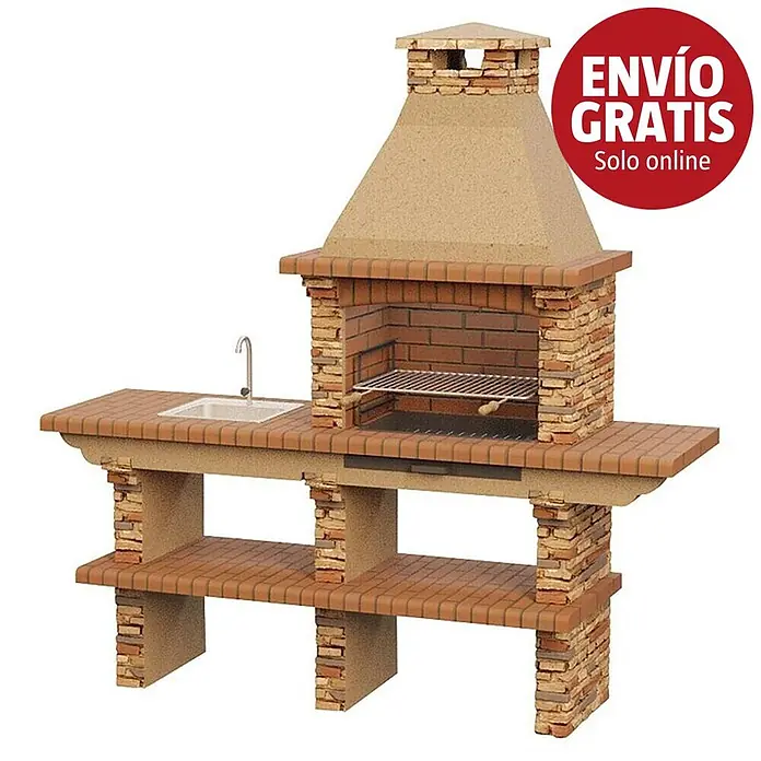 Sotnas Barbacoa de obra Paris - Castaño, An x Pr x Al: 211 x 60 x 219 cm, Superficie parrilla: 60 x 38 cm, Izquierda - Barbacoa modular de ladrillo con chimenea, fregadero integrado, encimeras y estantes inferiores.
