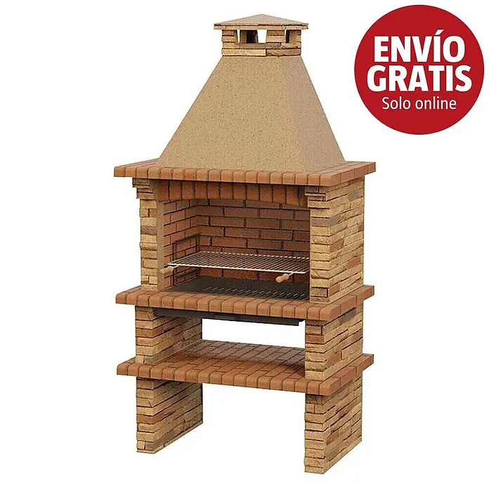 Sotnas Barbacoa de obra Berlim - Castaño, An x Pr x Al: 115 x 73 x 226 cm, Superficie parrilla: 78 x 48 cm - Barbacoa de ladrillo rojo con chimenea, parrilla metálica y estantes inferiores.