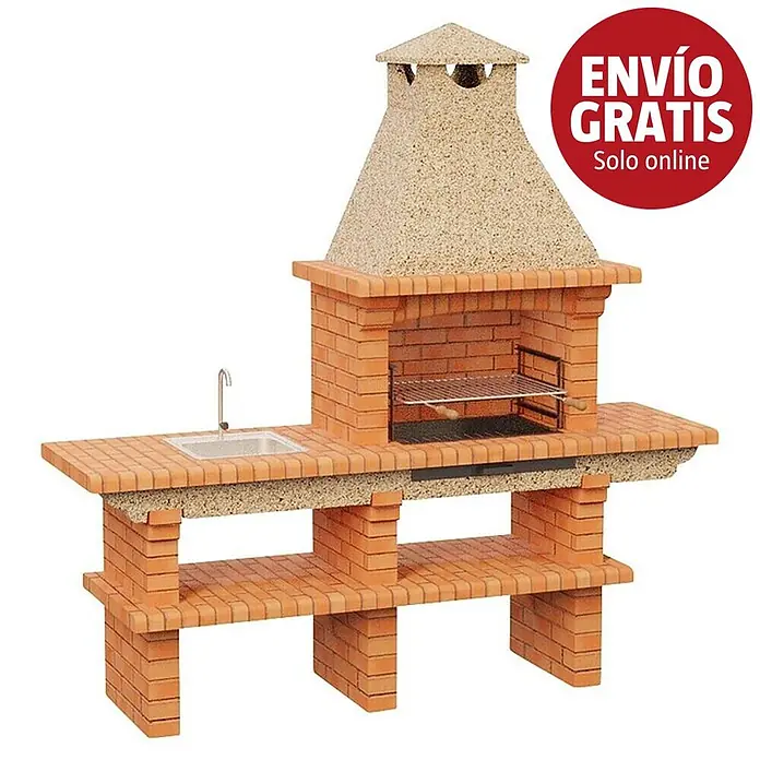 Sotnas Barbacoa de obra Barcelos Ladrillo con mesa - Crema/Ladrillo, An x Pr x Al: 214 x 60 x 219 cm, Superficie parrilla: 60 x 38 cm, Izquierda con fregadero - Barbacoa de ladrillo con campana clara, fregadero integrado y estantes inferiores. Incluye parrilla metálica.