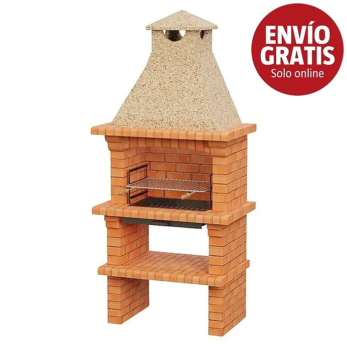 Sotnas Barbacoa de obra Barcelos Ladrillo - Crema/Ladrillo, An x Pr x Al: 98 x 60 x 217 cm, Superficie parrilla: 60 x 38 cm - Barbacoa de ladrillo rojo con chimenea de efecto piedra clara, parrilla metálica y estantes inferiores.