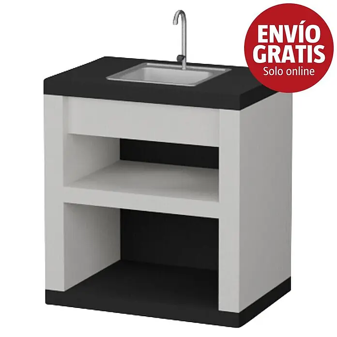 Sotnas Mesa de barbacoa para barbacoa Faro con fregadero - Blanco/Negro, An x Pr x Al: 80 x 55 x 88 cm, Con fregadero - Fregadero blanco y negro con grifo cromado y dos estantes abiertos.