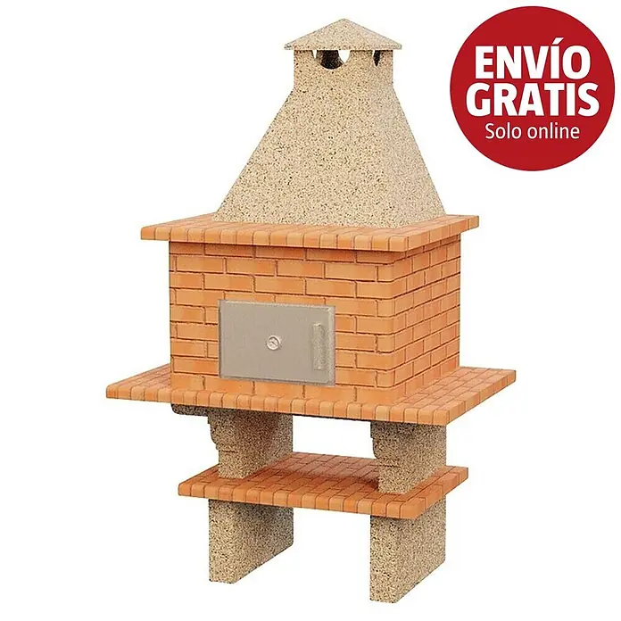 Sotnas Horno de piedra Roma - An x Pr x Al: 144 x 96 x 233 cm, Cemento de aluminato de calcio - Horno exterior de ladrillo rojo con chimenea de piedra clara, puerta metálica y estantes inferiores.