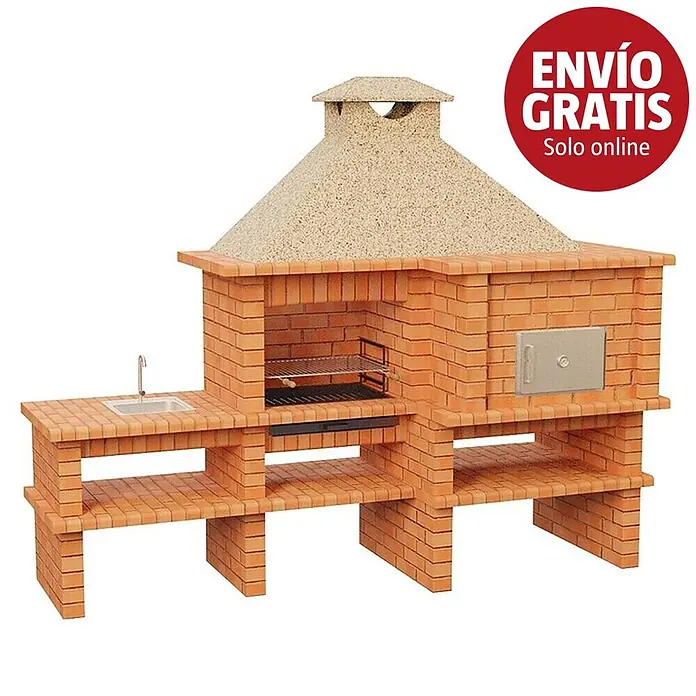 Sotnas Barbacoa con horno Roma - Crema/Ladrillo, An x Pr x Al: 300 x 108 x 247 cm, Superficie parrilla: 69 x 48 cm, Derecha/Ladrillo - Barbacoa de ladrillo rojo con campana color arena, fregadero integrado a la izquierda y estantes.