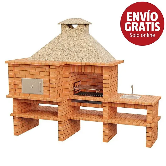 Sotnas Barbacoa con horno Roma - Crema/Ladrillo, An x Pr x Al: 300 x 108 x 247 cm, Superficie parrilla: 69 x 48 cm, Izquierda/Ladrillo - Barbacoa de ladrillo rojo con horno, área de parrilla y fregadero lateral.