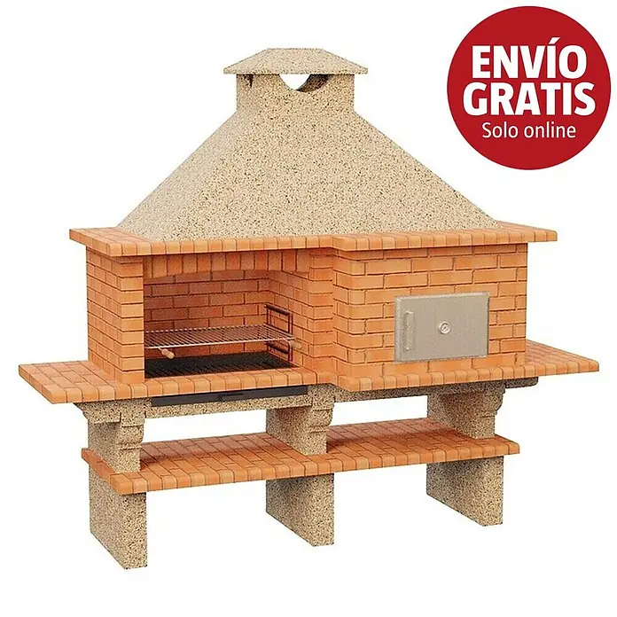 Sotnas Barbacoa con horno Roma - Crema/Ladrillo, An x Pr x Al: 266 x 96 x 238 cm, Superficie parrilla: 78 x 48 cm, Derecha/Cemento - Barbacoa de ladrillo rojo con campana color arena, parrilla metálica integrada y estantes inferiores.