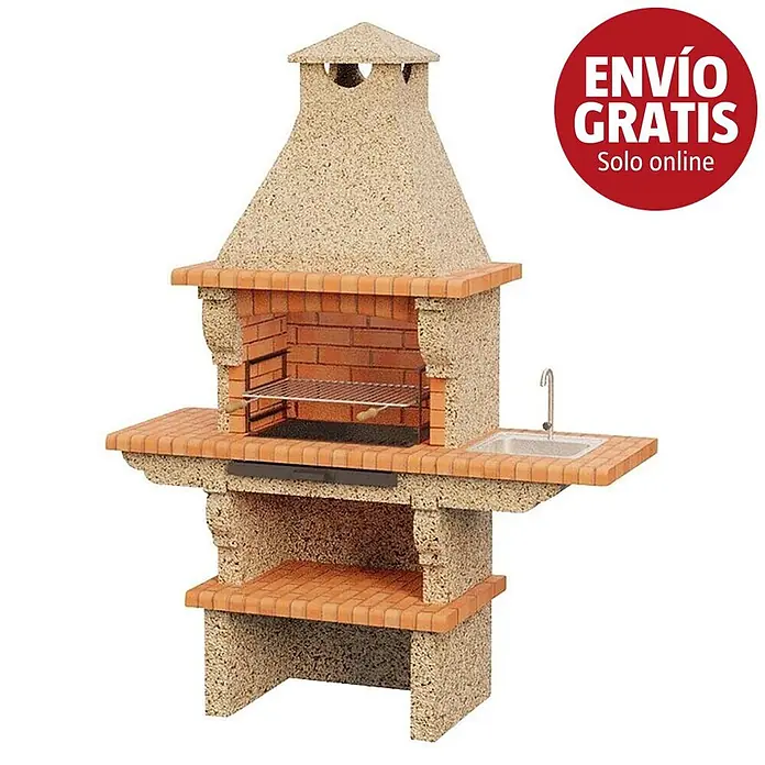 Sotnas Barbacoa de obra Barcelos Cerrada - Crema/Ladrillo, An x Pr x Al: 196 x 60 x 225 cm, Superficie parrilla: 60 x 38 cm, Derecha con fregadera - Barbacoa de exterior de terracota y piedra salpicada con chimenea, parrilla, encimera y fregadero.