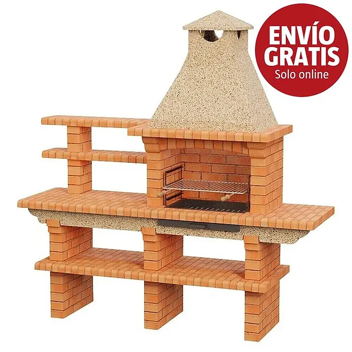 Sotnas Barbacoa de obra Barcelos Ladrillo con mesa - Crema/Ladrillo, An x Pr x Al: 214 x 60 x 219 cm, Superficie parrilla: 60 x 38 cm, Izquierda sin fregadero - Barbacoa de ladrillo con campana color arena, parrilla incorporada y estantes laterales integrados para cocinar al aire libre.