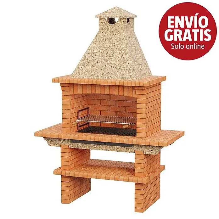 Sotnas Barbacoa de obra Barcelos Ladrillo - Crema/Ladrillo, An x Pr x Al: 163 x 73 x 233 cm, Superficie parrilla: 79 x 48 cm - Barbacoa de ladrillo rojo con chimenea de color claro y dos estantes inferiores.