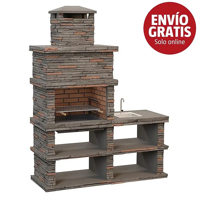 Sotnas Barbacoa de obra Londres con fregadera - Gris, An x Pr x Al: 186 x 68 x 245 cm, Superficie parrilla: 69 x 48 cm, Derecha con fregadera - Barbacoa de exterior de aspecto pétreo con fregadero integrado y estantes.