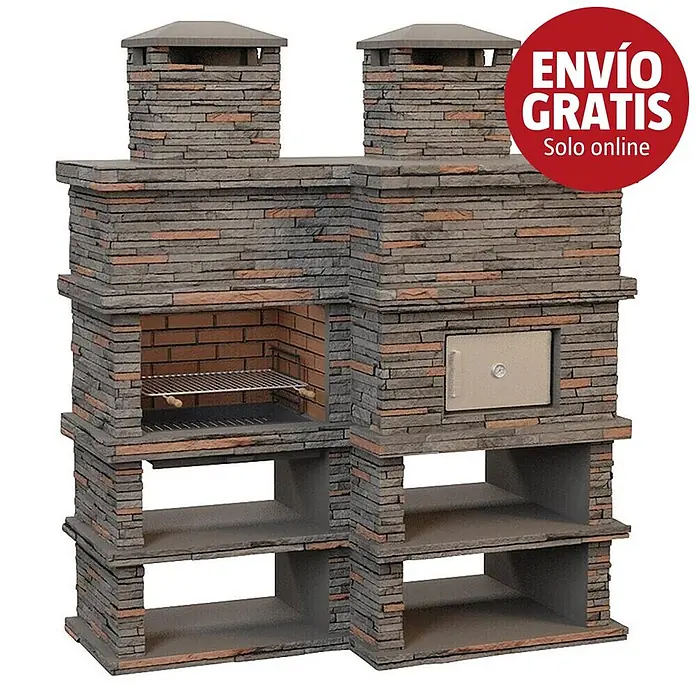 Sotnas Barbacoa con horno Londres - Gris, An x Pr x Al: 206 x 98 x 245 cm, Superficie parrilla: 69 x 48 cm, Derecha - Barbacoa y horno exterior de piedra en forma de L con chimeneas y estantes inferiores.