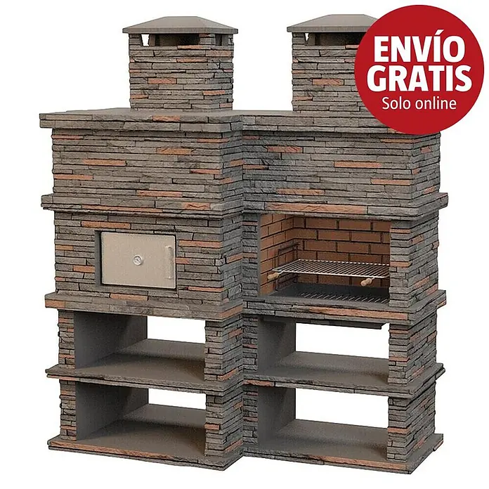 Sotnas Barbacoa con horno Londres - Gris, An x Pr x Al: 206 x 98 x 245 cm, Superficie parrilla: 69 x 48 cm, Izquierda - Barbacoa y horno de exterior de piedra con dos chimeneas y estantes de almacenamiento.